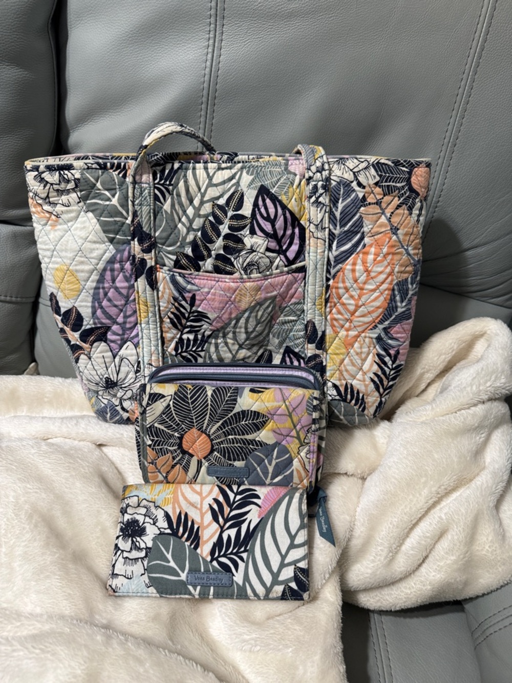 Vera Bradley Quilted Floral Leaf Tote and Wallet - Multicolor Pastels